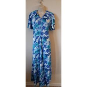 Vintage 70s Full Floor Length Maxi Dress L BlueLarge